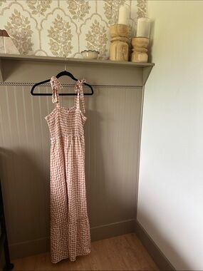 Smocked Gingham Maxi Dress with Tie Straps - Pink